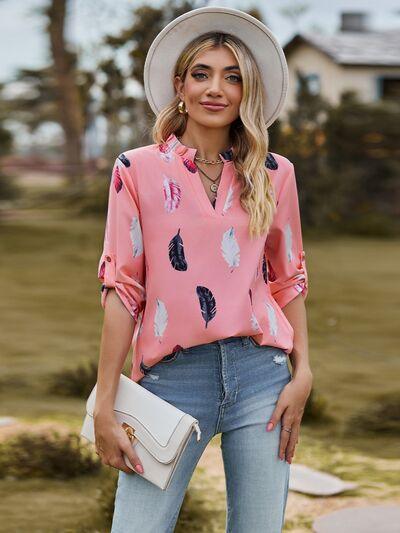 Aida Printed Frill Notched Roll-Tab Sleeve Blouse