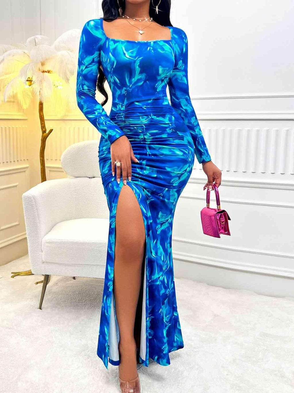 Aliza Square Neck Tie Back Slit Maxi Dress - Vestir en Moda