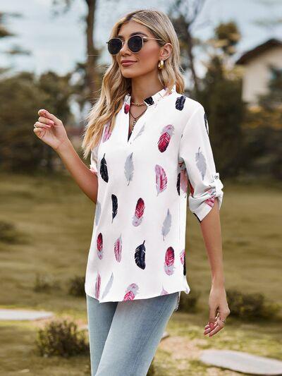 Aida Printed Frill Notched Roll-Tab Sleeve Blouse