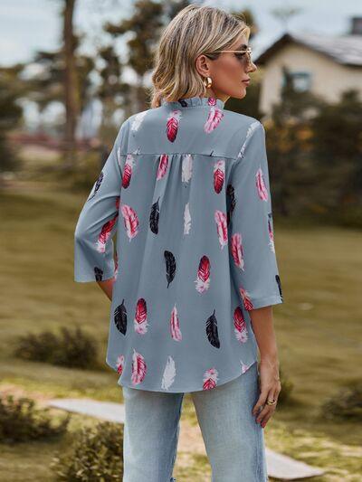 Aida Printed Frill Notched Roll-Tab Sleeve Blouse