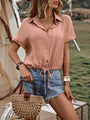 Zoe Drawstring Button Up Short Sleeve Blouse