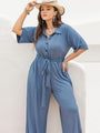 Dennise Plus Size Ribbed Half Button Tie-Waist Jumpsuits