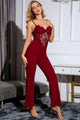 Pamela Spliced Lace Sweetheart Neck Flare Leg Jumpsuits