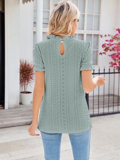 Alaia Eyelet Frill Mock Neck Flounce Sleeve Blouse