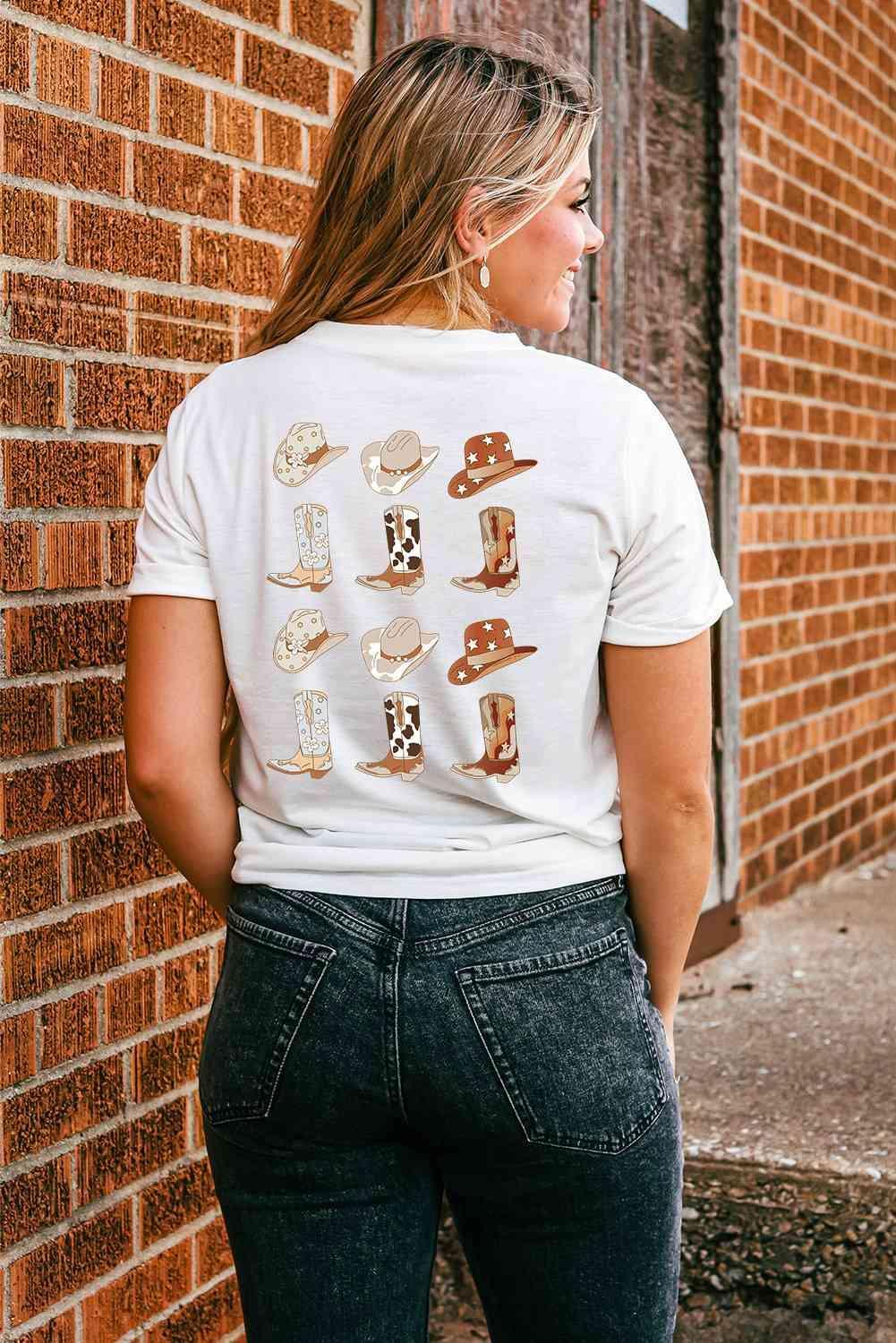 Round Neck Short Sleeve Cowboy Theme T-Shirt - Vestir en Moda