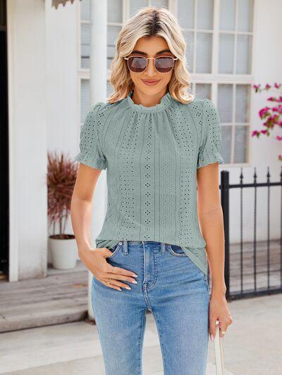 Alaia Eyelet Frill Mock Neck Flounce Sleeve Blouse