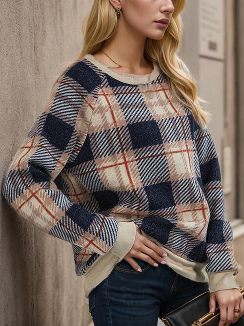 Laura Plaid Round Neck Long Sleeve Sweater - Vestir en Moda