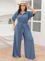 Dennise Plus Size Ribbed Half Button Tie-Waist Jumpsuits