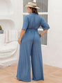 Dennise Plus Size Ribbed Half Button Tie-Waist Jumpsuits