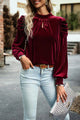 Olga Tie Up Mock Neck Velvet Fabric Long Sleeve Blouse