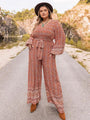 Marian Plus Size Printed V-Neck Tie Front Balloon Sleeve Jumpsuits