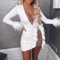 Elodie Persephone Mesh V Neck Stitching Feather Slim Dress - Vestir en Moda