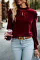 Olga Tie Up Mock Neck Velvet Fabric Long Sleeve Blouse