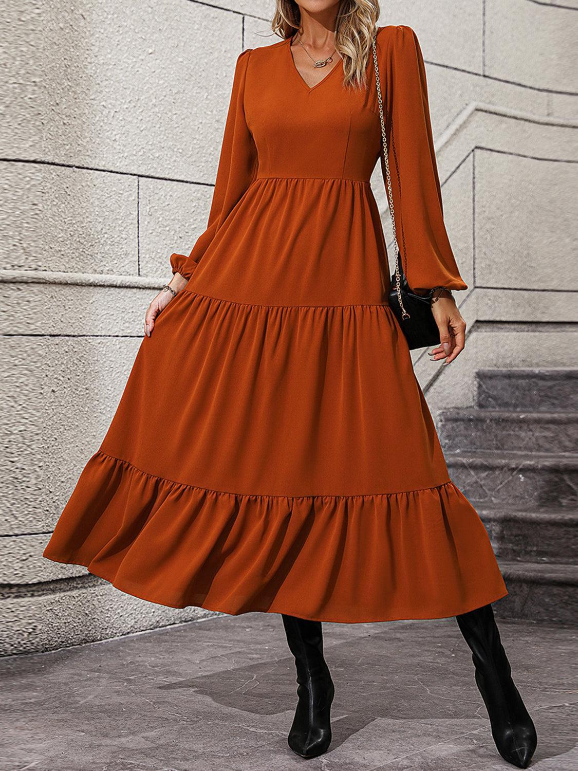 Abigail V-Neck Long Sleeve Tiered Sexy Dress - Vestir en Moda