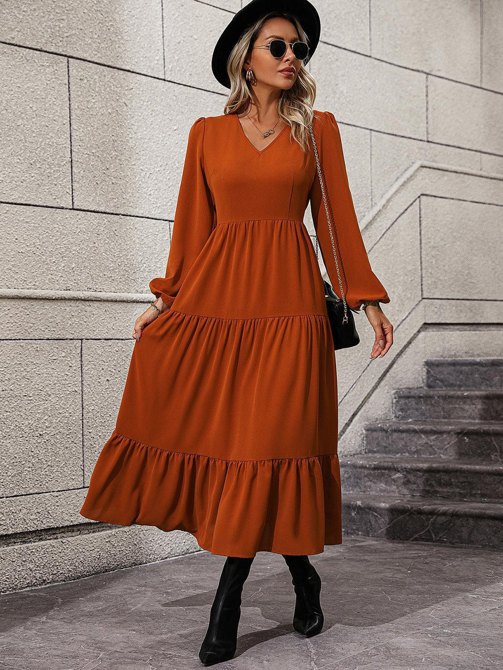 Abigail V-Neck Long Sleeve Tiered Sexy Dress - Vestir en Moda