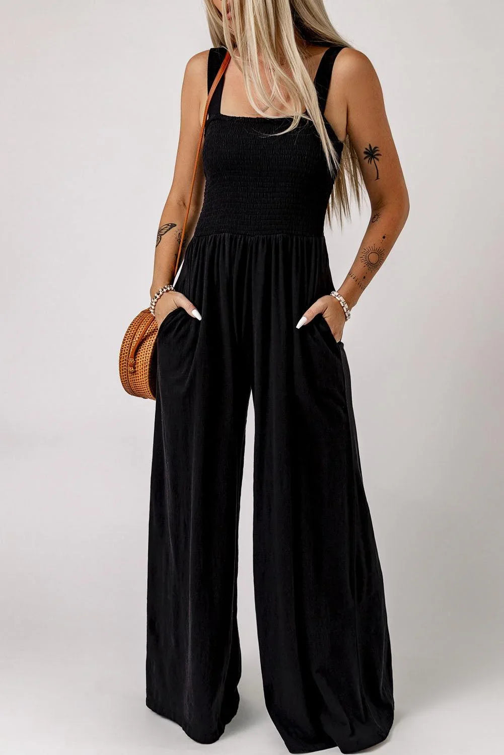 Adalynn Smocked Square Neck Wide Leg Jumpsuit with Pockets - Vestir en Moda