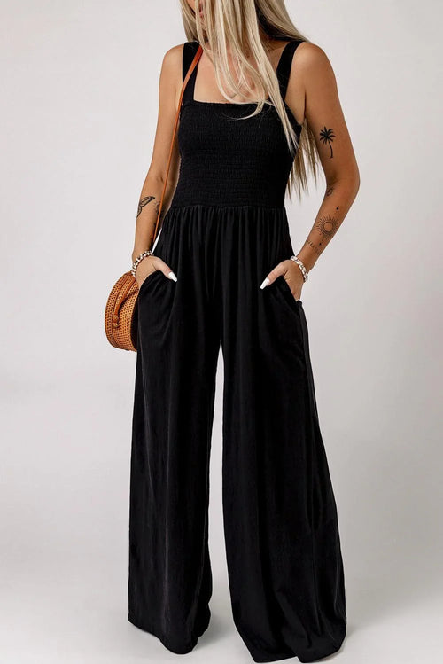 Adalynn Smocked Square Neck Wide Leg Jumpsuit with Pockets - Vestir en Moda