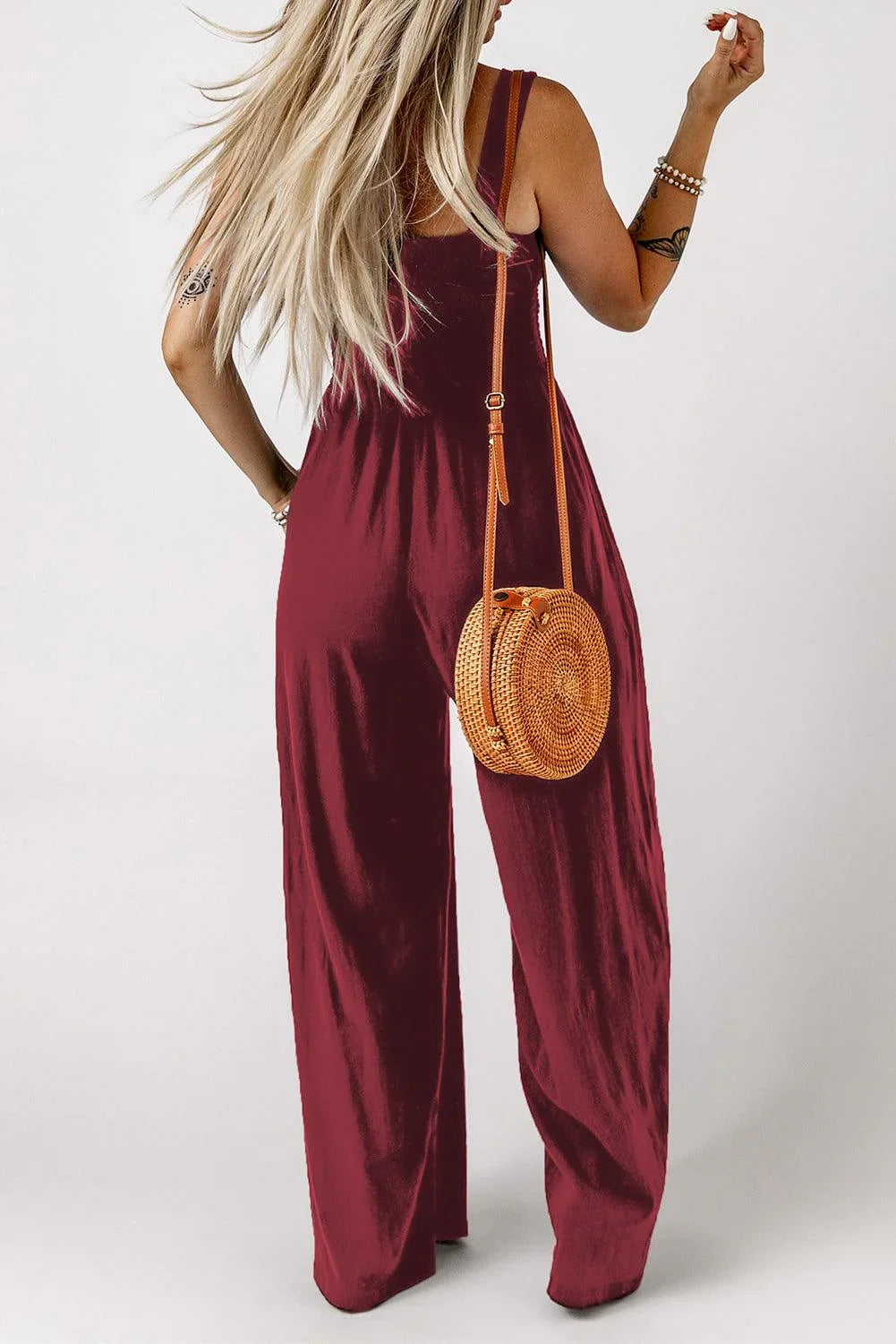 Adalynn Smocked Square Neck Wide Leg Jumpsuit with Pockets - Vestir en Moda