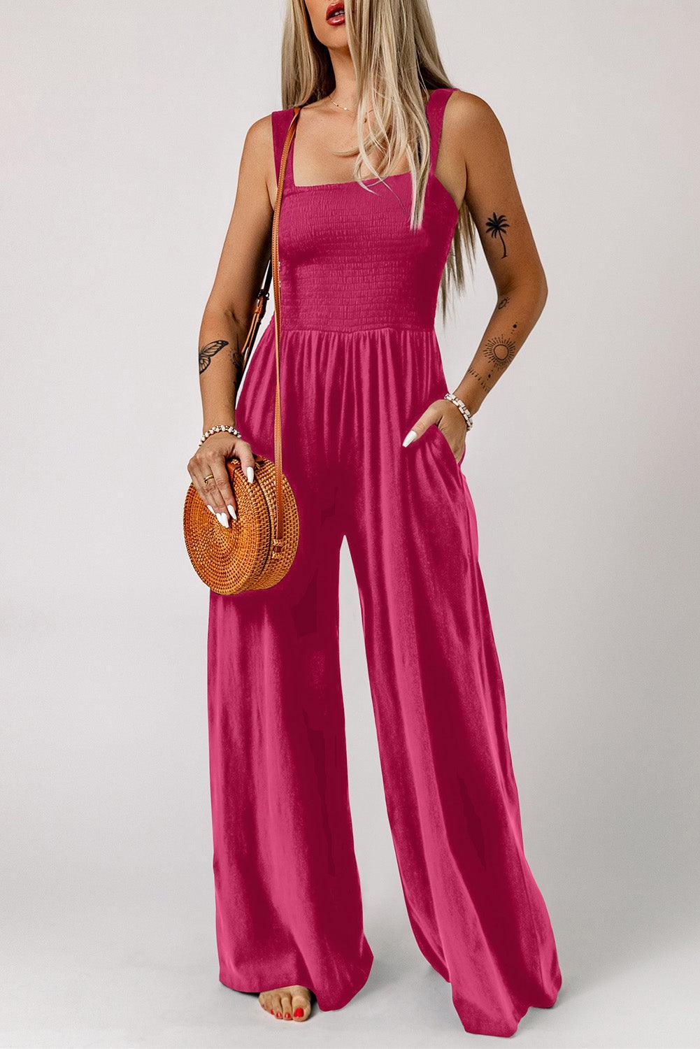 Adalynn Smocked Square Neck Wide Leg Jumpsuit with Pockets - Vestir en Moda