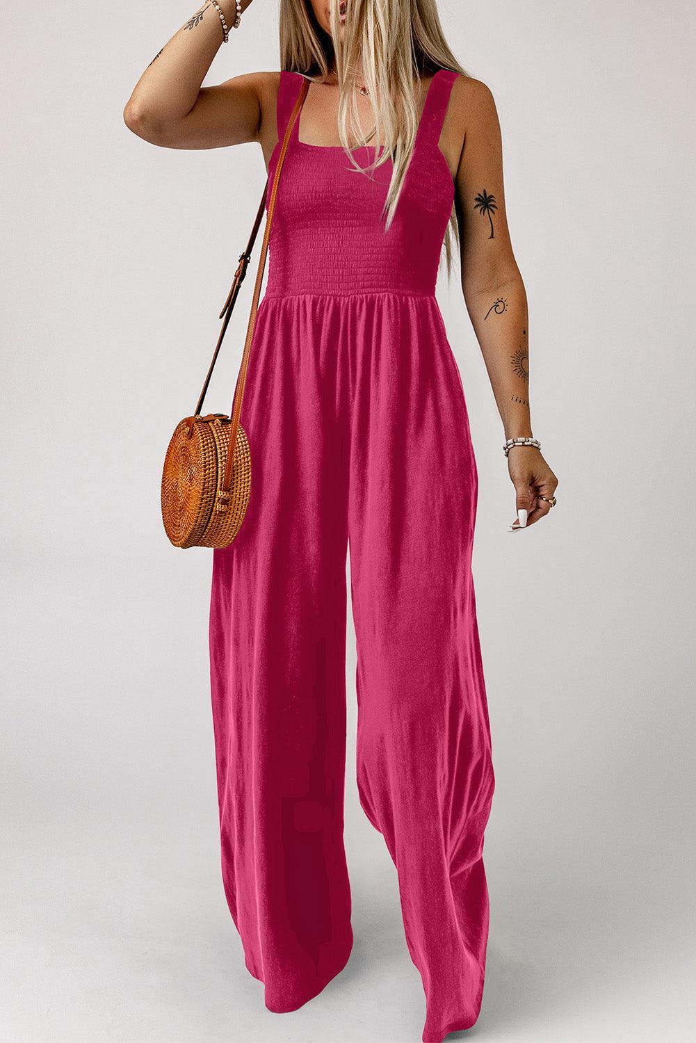 Adalynn Smocked Square Neck Wide Leg Jumpsuit with Pockets - Vestir en Moda