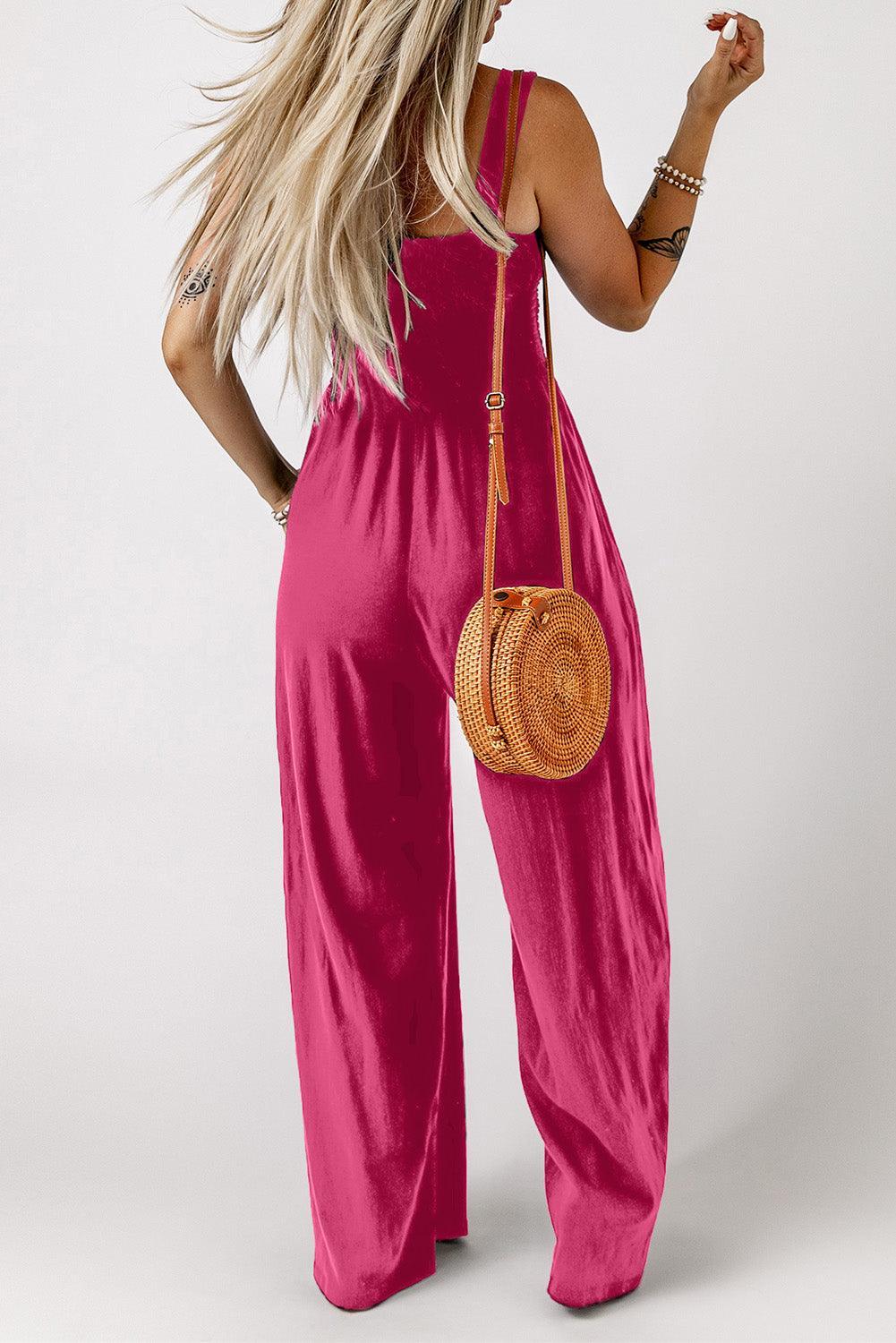 Adalynn Smocked Square Neck Wide Leg Jumpsuit with Pockets - Vestir en Moda