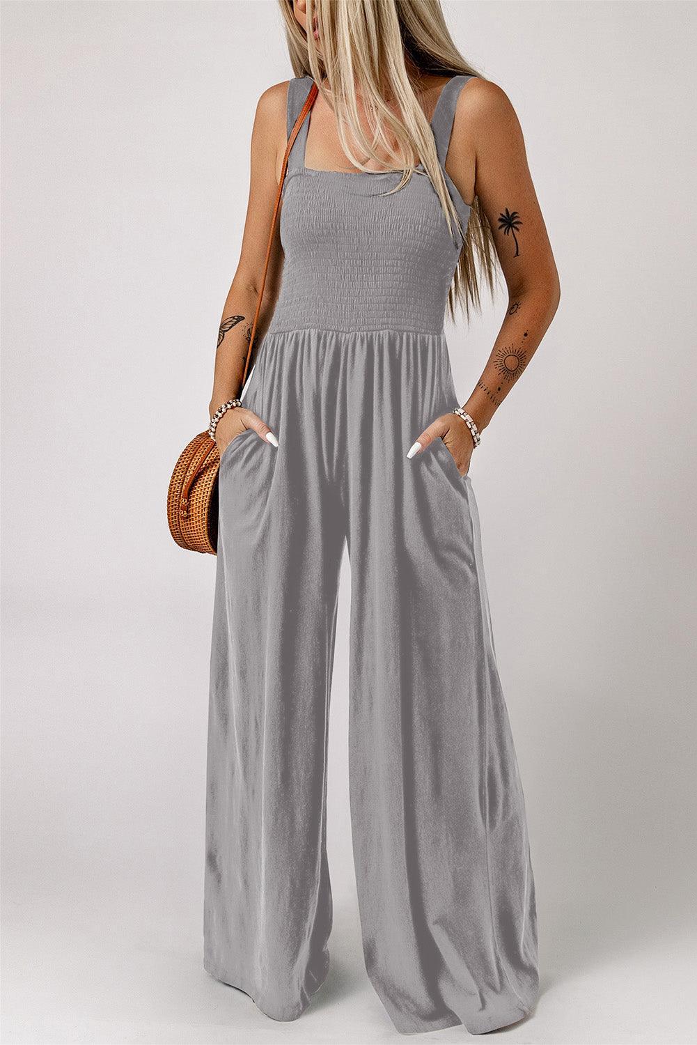 Adalynn Smocked Square Neck Wide Leg Jumpsuit with Pockets - Vestir en Moda