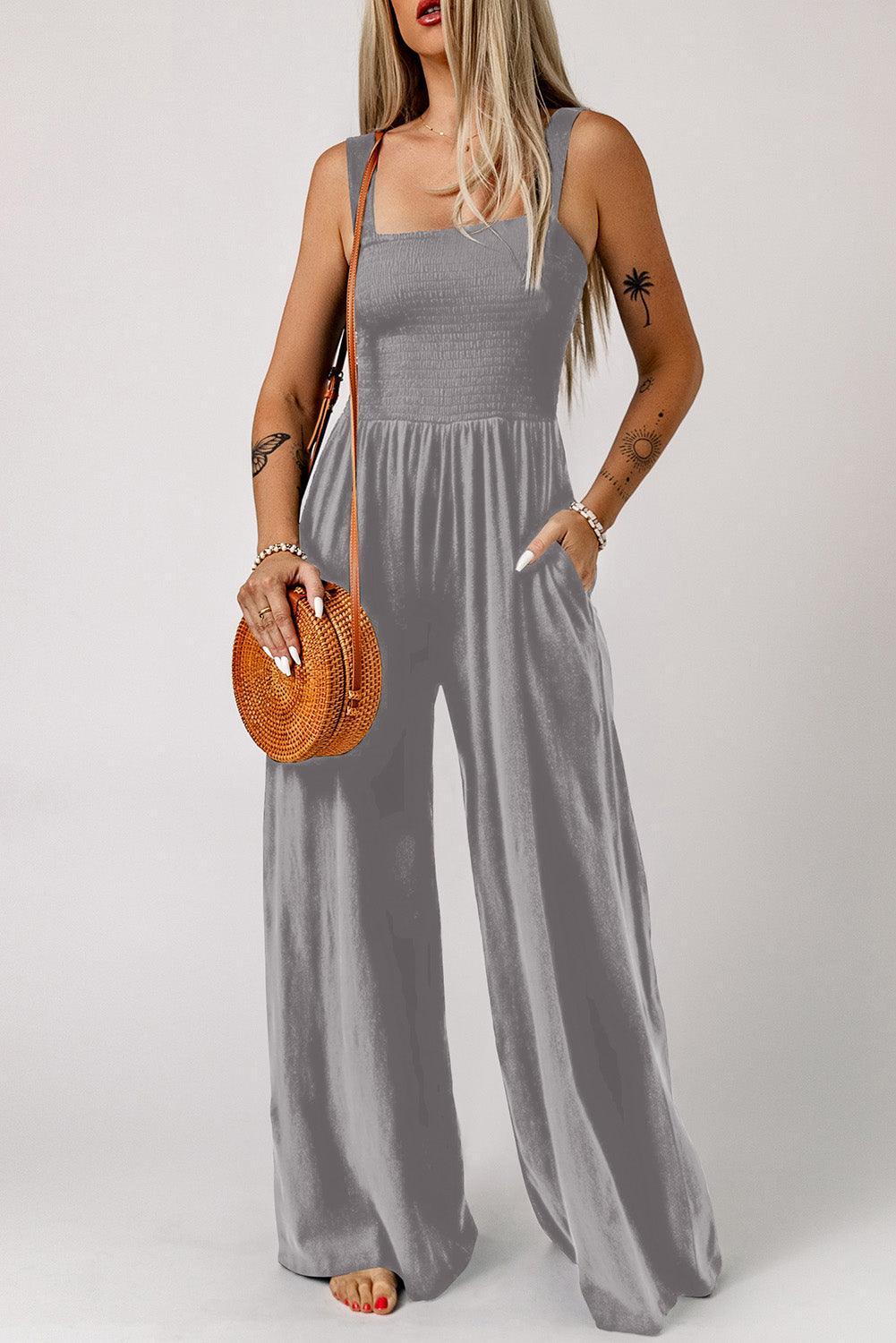 Adalynn Smocked Square Neck Wide Leg Jumpsuit with Pockets - Vestir en Moda