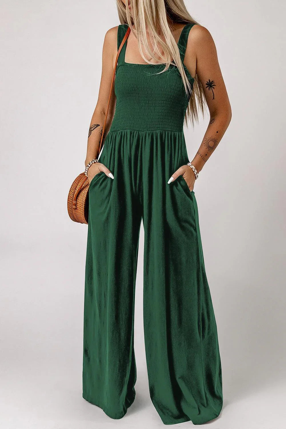 Adalynn Smocked Square Neck Wide Leg Jumpsuit with Pockets - Vestir en Moda