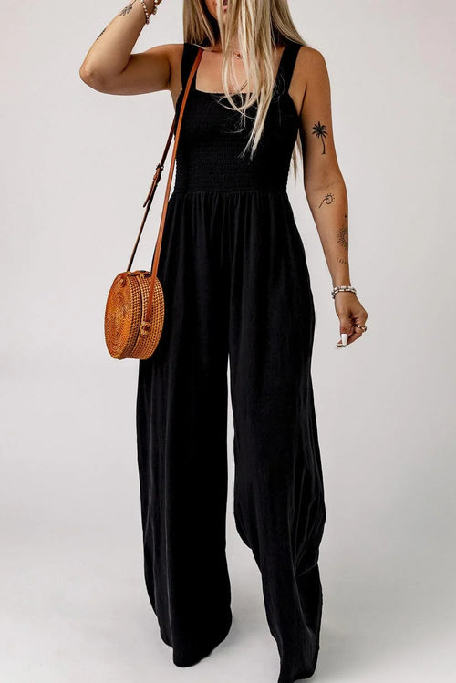 Adalynn Smocked Square Neck Wide Leg Jumpsuit with Pockets - Vestir en Moda