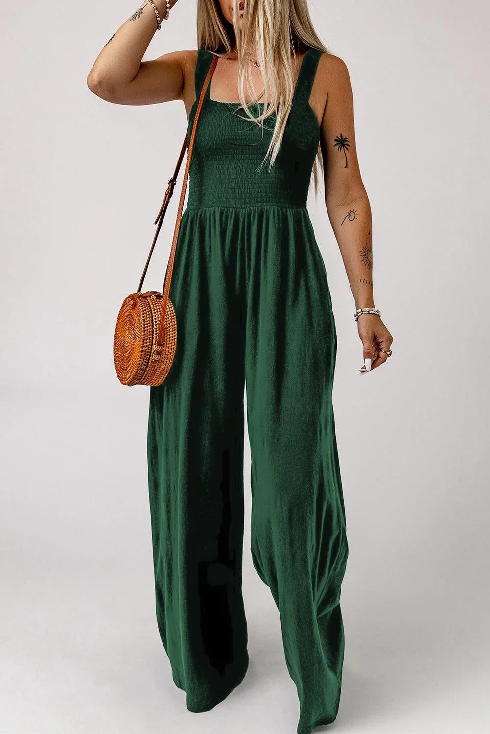 Adalynn Smocked Square Neck Wide Leg Jumpsuit with Pockets - Vestir en Moda