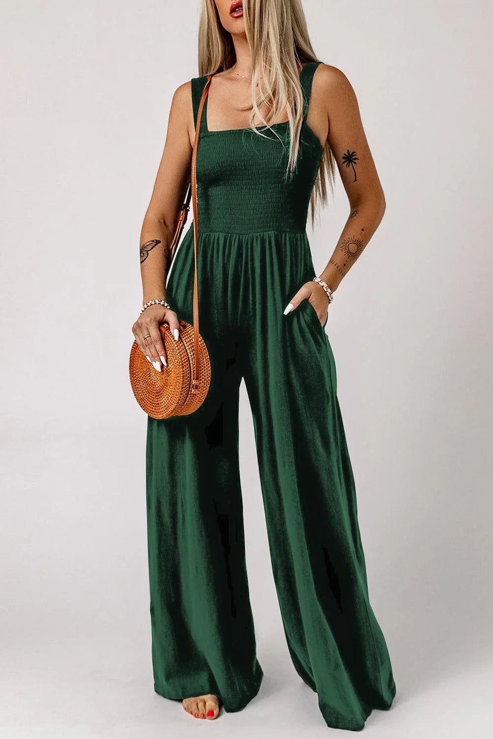 Adalynn Smocked Square Neck Wide Leg Jumpsuit with Pockets - Vestir en Moda