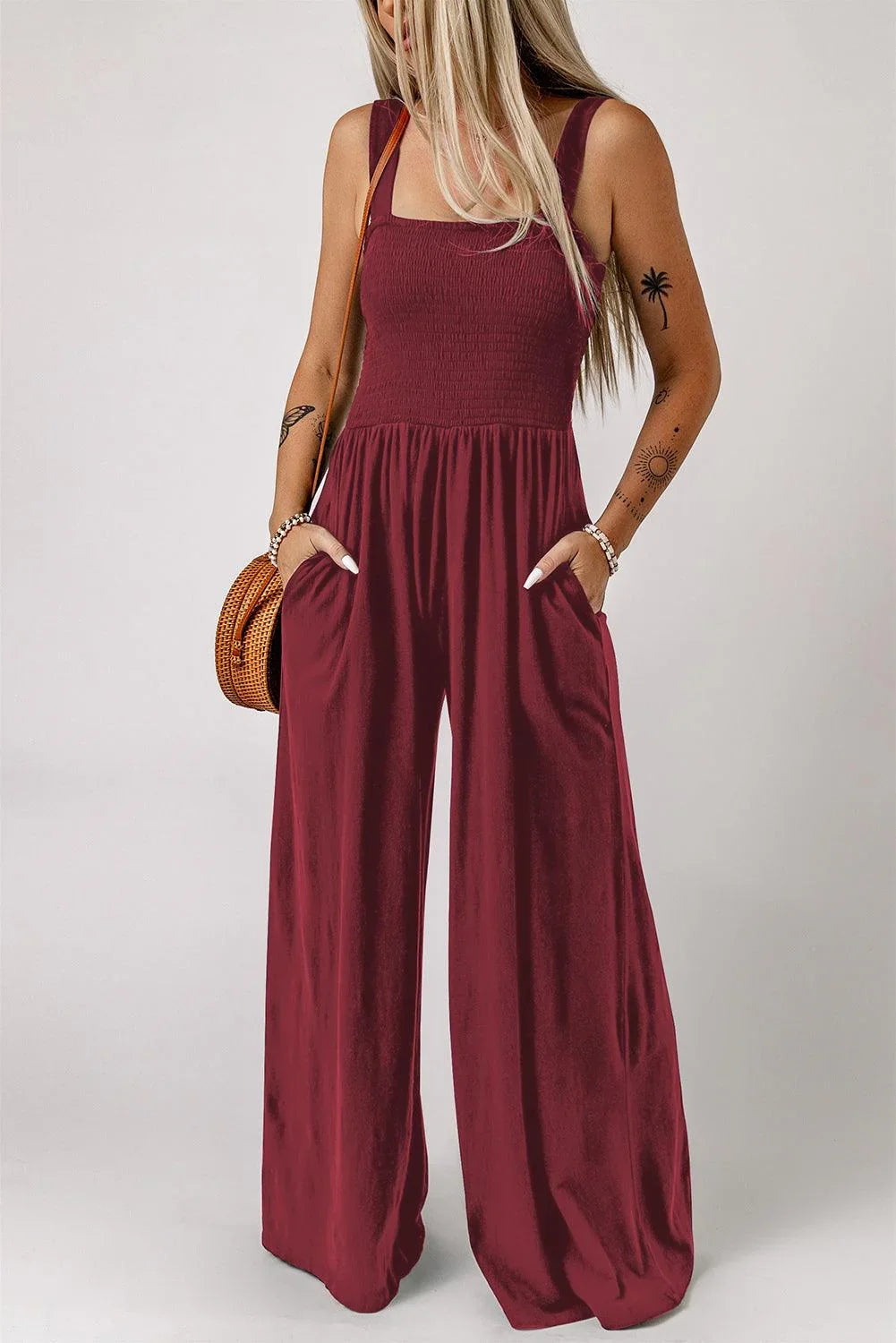 Adalynn Smocked Square Neck Wide Leg Jumpsuit with Pockets - Vestir en Moda