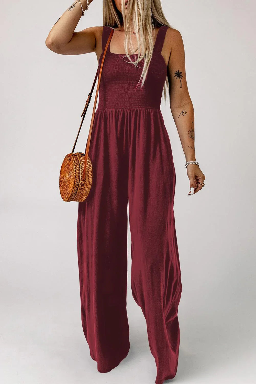 Adalynn Smocked Square Neck Wide Leg Jumpsuit with Pockets - Vestir en Moda