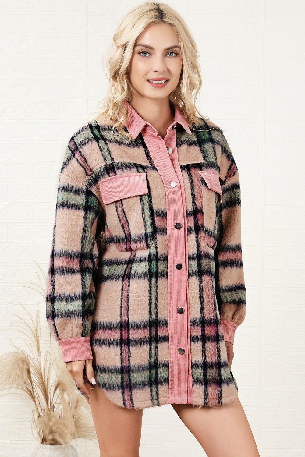 Adelina Plaid Button Down Drop Shoulder Pocketed Jacket - Vestir en Moda