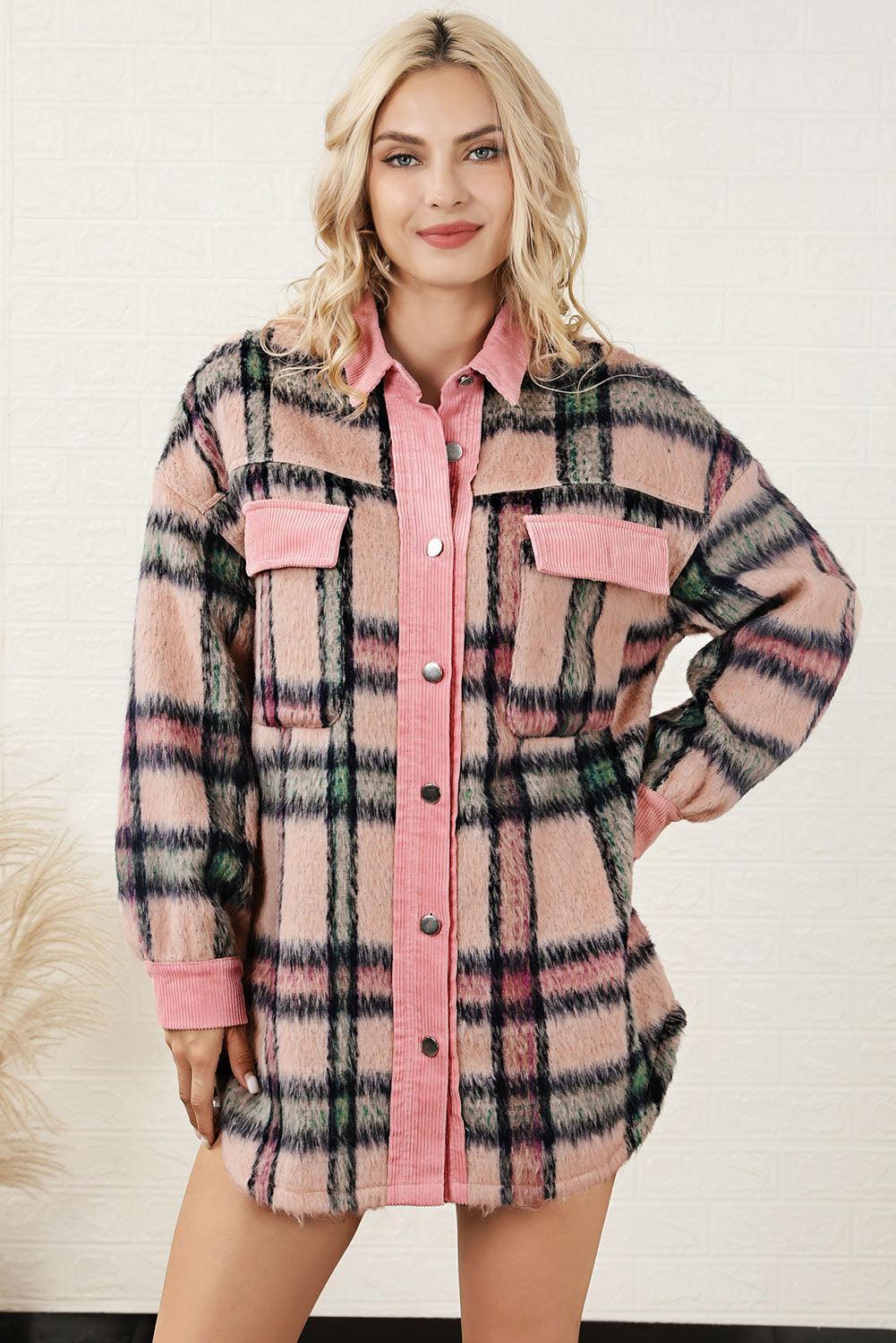 Adelina Plaid Button Down Drop Shoulder Pocketed Jacket - Vestir en Moda