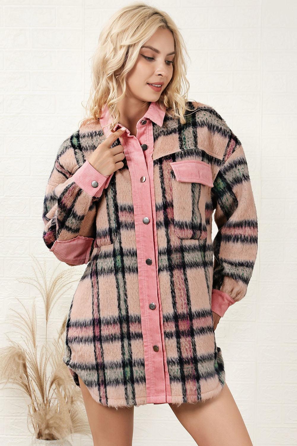 Adelina Plaid Button Down Drop Shoulder Pocketed Jacket - Vestir en Moda
