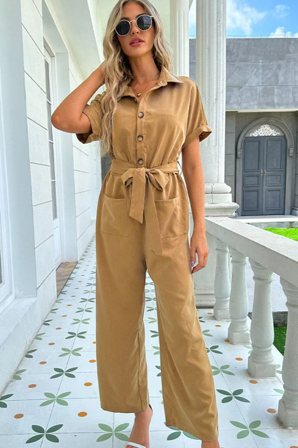 Adeline Tie Belt Buttoned Short Sleeve Collared Neck Jumpsuit - Vestir en Moda