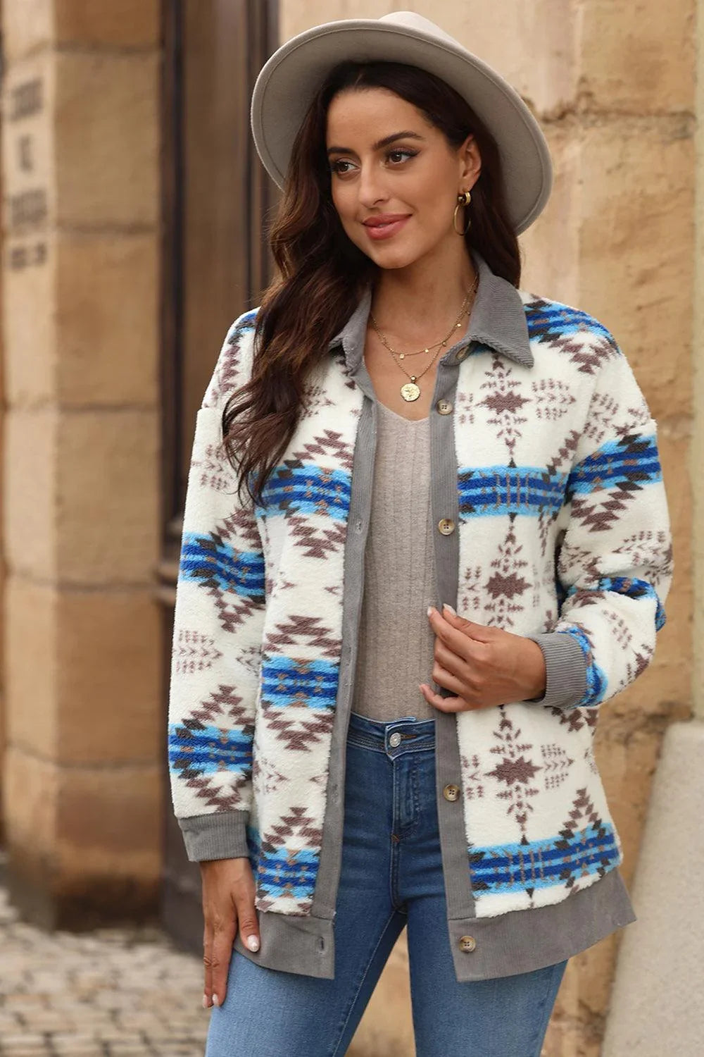 Alexandria Geometric Button Down Collared Jacket - Vestir en Moda