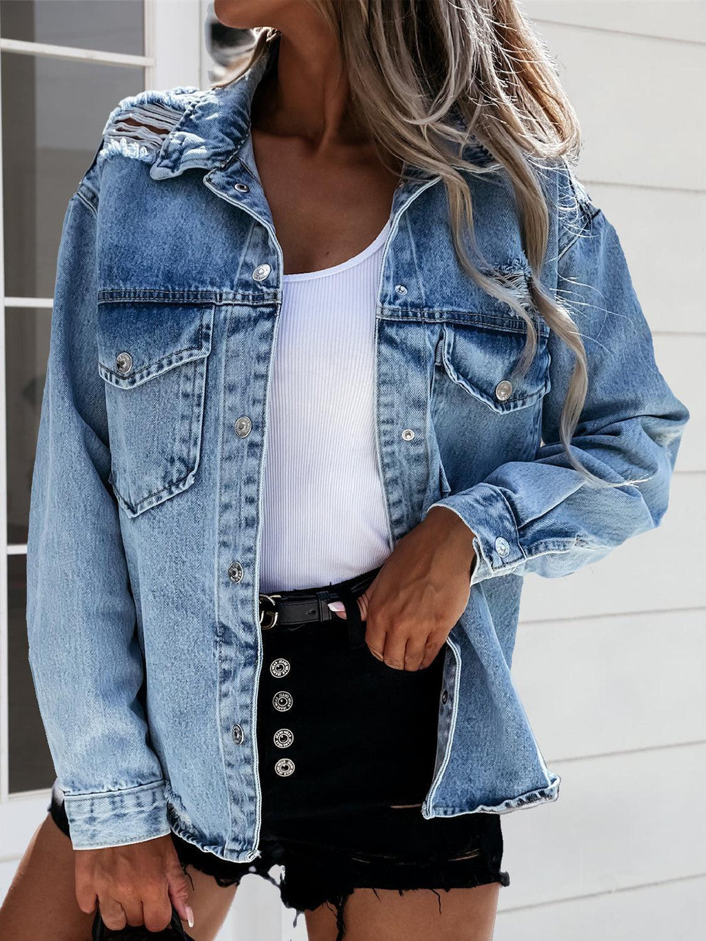 Alicia Distressed Snap Down Jeans Buttoned Jacket - Vestir en Moda