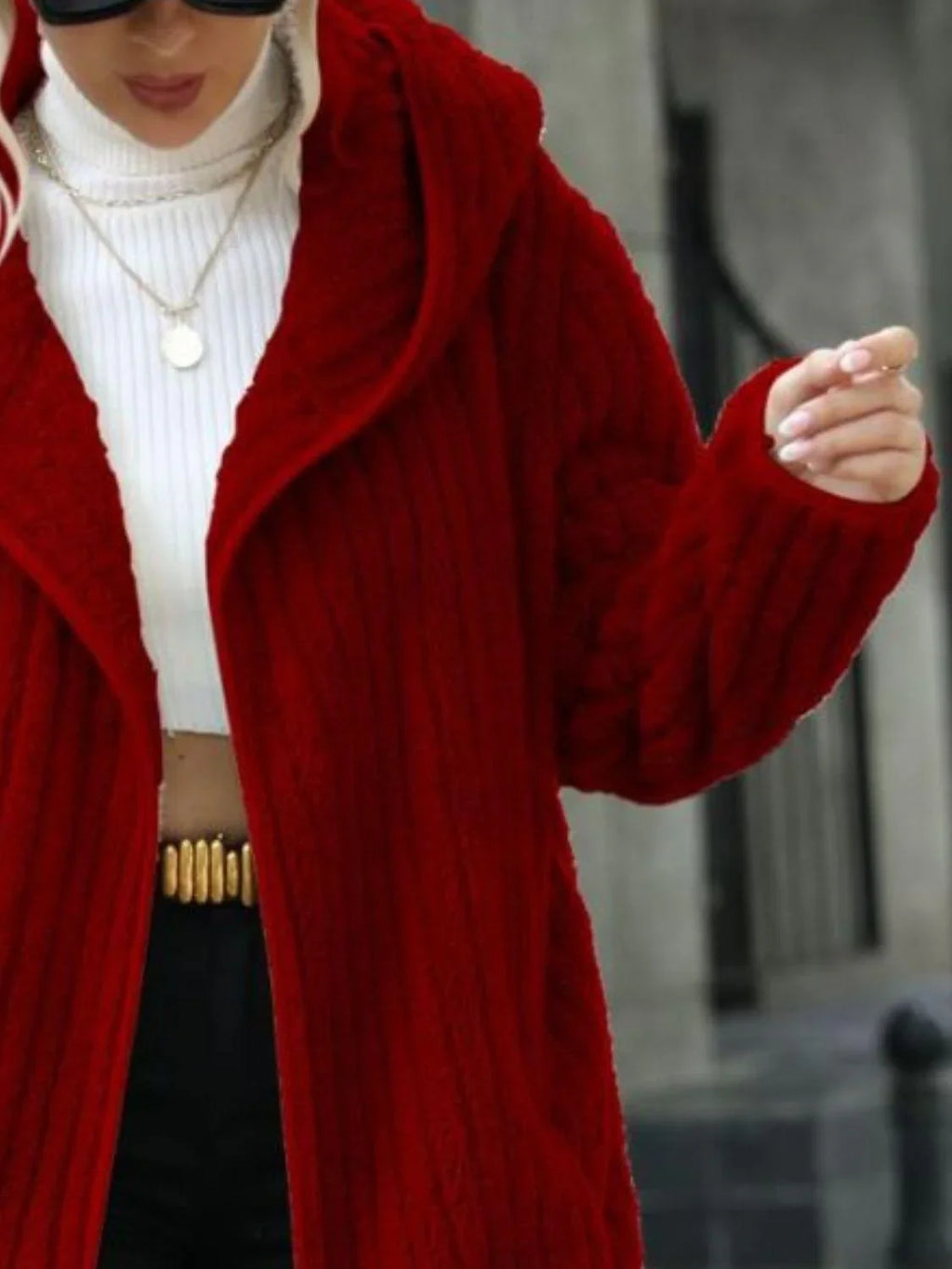 Allie Open Front Ribbed Hooded Pocketed Coat - Vestir en Moda