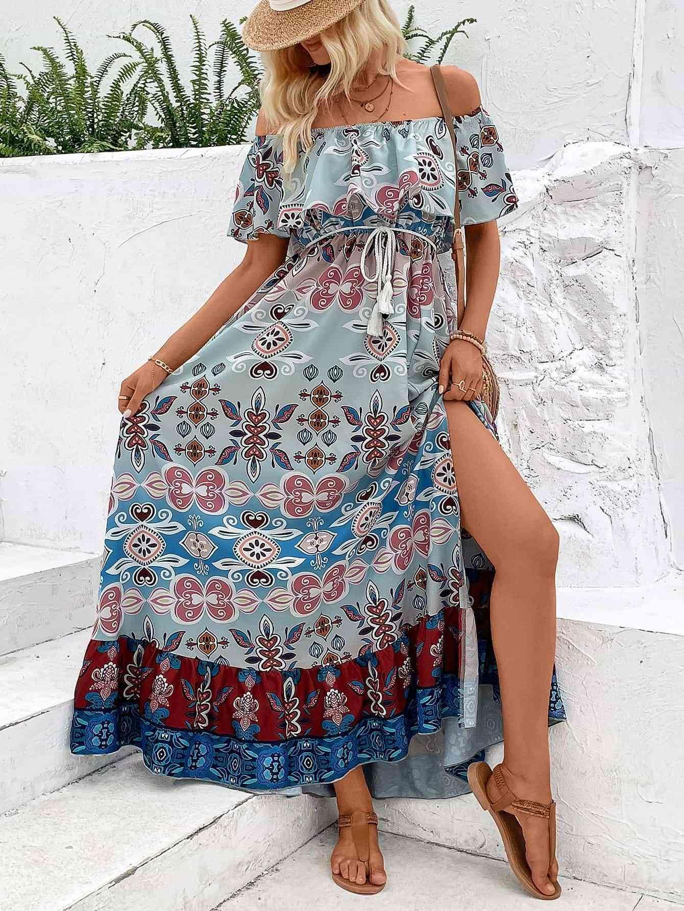 Amalia Printed Off-Shoulder Slit Maxi Dress - Vestir en Moda