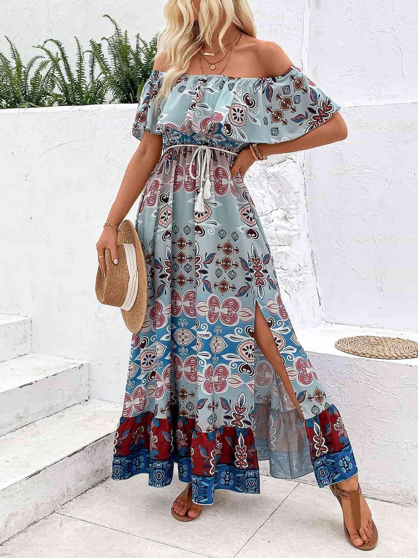 Amalia Printed Off-Shoulder Slit Maxi Dress - Vestir en Moda