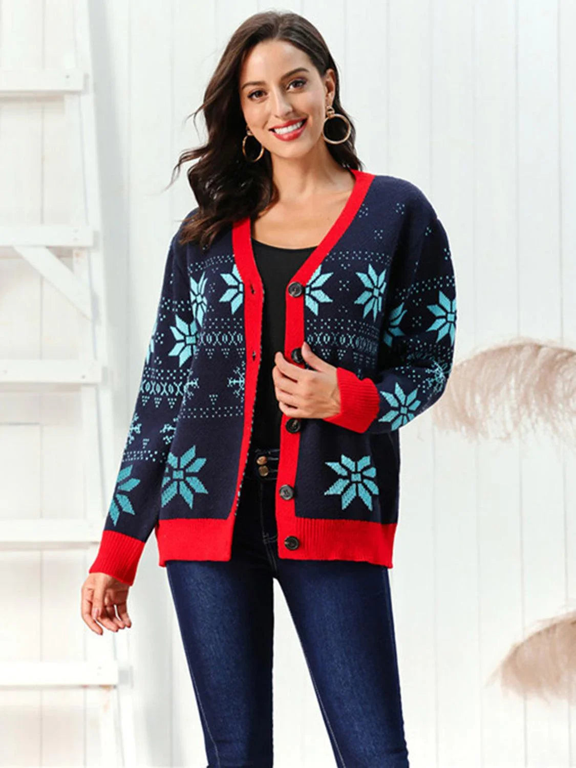 Amanda Snowflake Pattern Buttoned Down Cardigan - Vestir en Moda