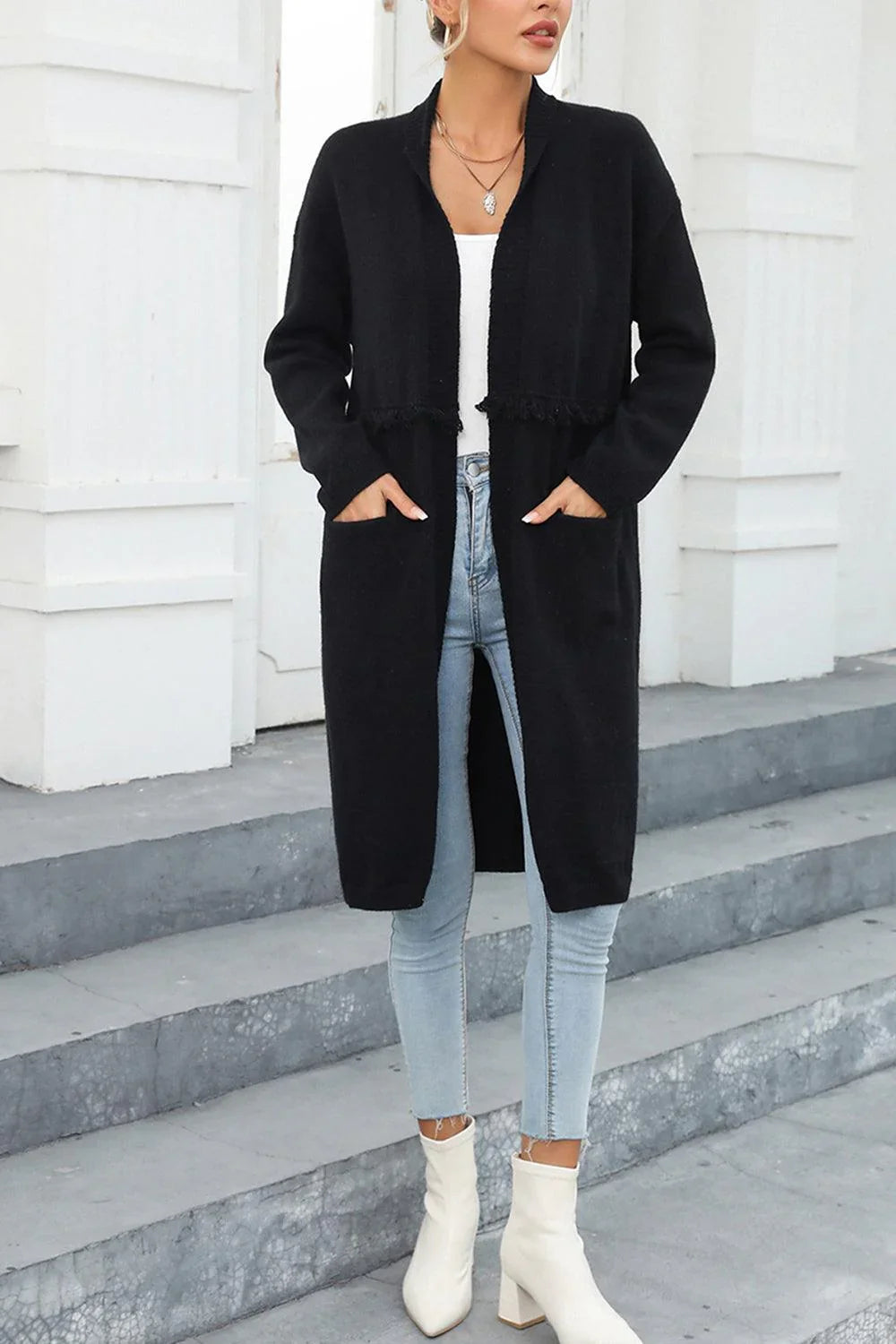 Anastasia Classy Fringe Open Front Pocketed Cardigan - Vestir en Moda