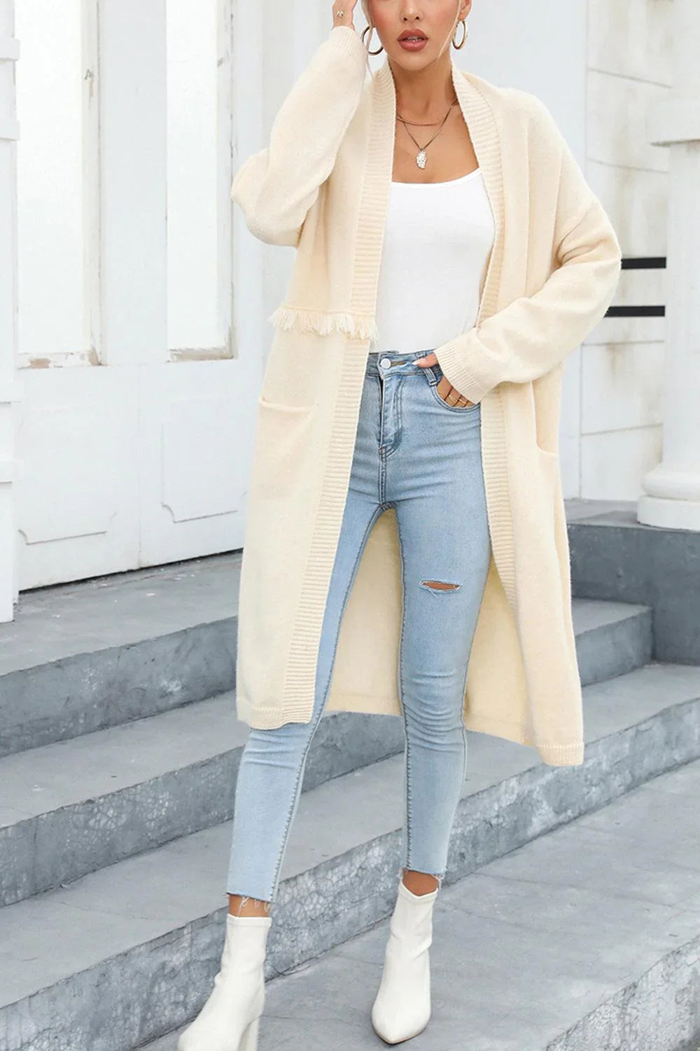 Anastasia Classy Fringe Open Front Pocketed Cardigan - Vestir en Moda