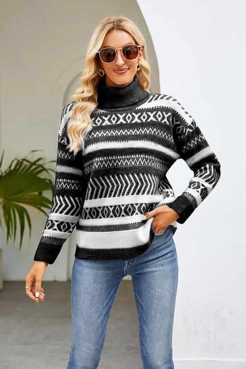 Mary Geometric Turtleneck Long Sleeve Sweater