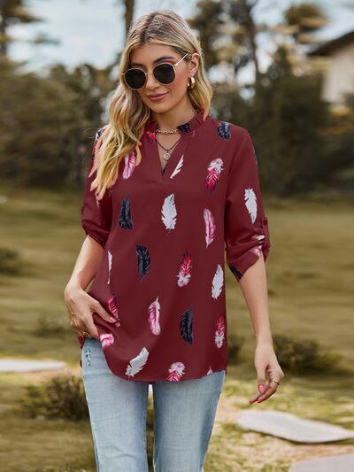 Aida Printed Frill Notched Roll-Tab Sleeve Blouse