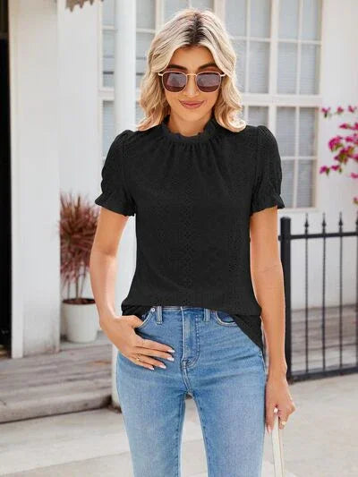 Alaia Eyelet Frill Mock Neck Flounce Sleeve Blouse