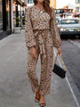 Rainielis Leopard Tie Front Balloon Sleeve Jumpsuits