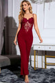 Pamela Spliced Lace Sweetheart Neck Flare Leg Jumpsuits
